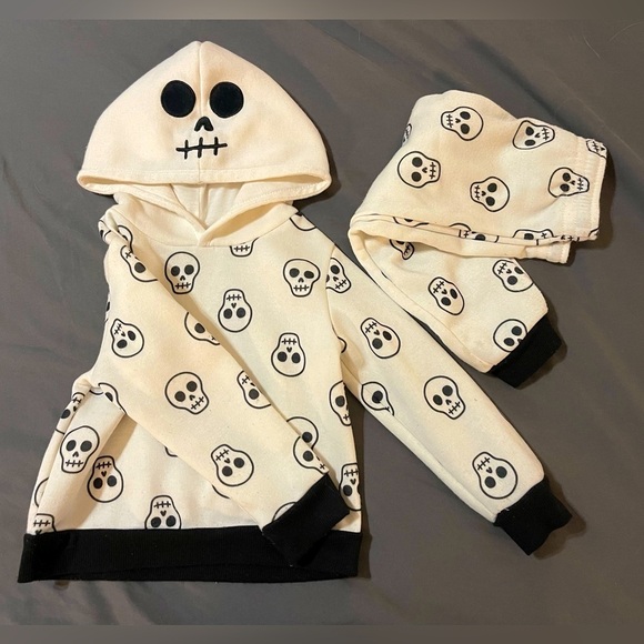 2T Skull Skeleton sweatsuit set kids toddler black and white - Picture 2 of 5